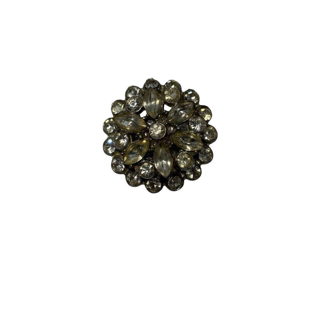 Vintage Silver Tone Clear Sparkly Rhinestone Starburst Flower Round Brooch Pin
